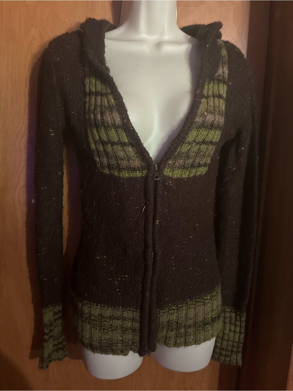 Brown and Olive Hooded Zip Sweater - Women's Knit Jacket